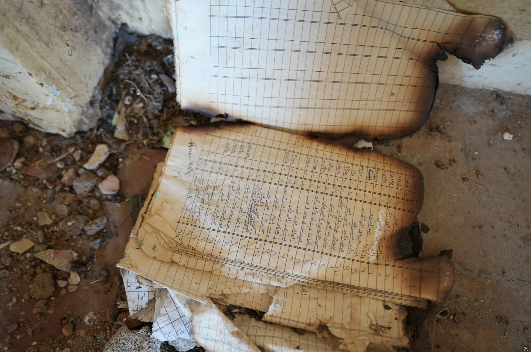 Farmers’ records left damaged at the Gezira Scheme field office in Al-Hosh block. 29 April 2025. Medani, Al Jazirah State, Sudan. Photo credit: FAO/Abdirahman Issack.