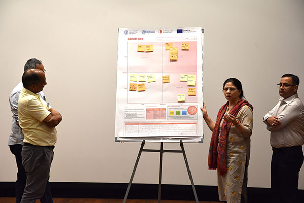 Woman discussing a flip chart output to three men
