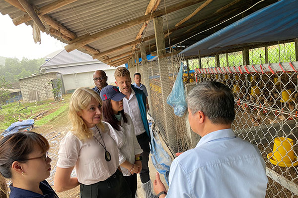 People in front of a broiler farm cage
